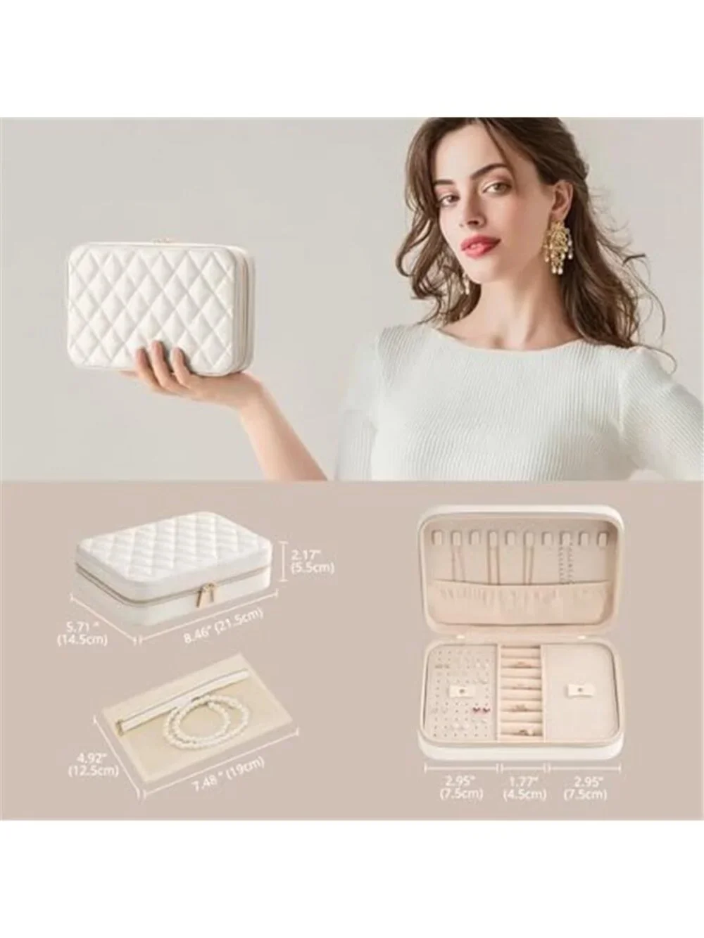 White Travel Jewelry Case Organizer Box Mirror Earring Necklace Ring Storage Bag